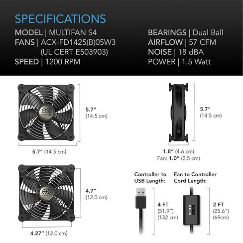 AC Infinity MULTIFAN S4، مروحة USB هادئة 140 مم، معتمدة من UL لجهاز الاستقبال DVR PlayStation Xbox تبريد خزانة الكمبيوتر (حزمة من 2) in Kuwait