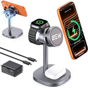 3 in 1 Wireless Charging Station, Qi2.2 25W Certified Fast Magnetic Charger, Mag-Safe Wireless Charger Stand with TEC Active Cooling, for iPhone17/16/15/14/13/12, Apple Watch/AirPods in Kuwait