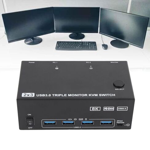 8K عند 60 هرتز HD KVM Switcher 2 كمبيوتر 3 شاشة مراقبة 4 منافذ USB 3.0، تحكم في 3 شاشات مع 4 أجهزة USB مع مجموعة واحدة من لوحة المفاتيح والماوس، نقل سريع للبيانات (قابس أمريكي) in Kuwait