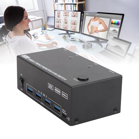 8K عند 60 هرتز HD KVM Switcher 2 كمبيوتر 3 شاشة مراقبة 4 منافذ USB 3.0، تحكم في 3 شاشات مع 4 أجهزة USB مع مجموعة واحدة من لوحة المفاتيح والماوس، نقل سريع للبيانات (قابس أمريكي) in Kuwait