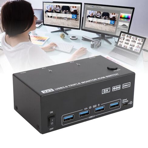 8K عند 60 هرتز HD KVM Switcher 2 كمبيوتر 3 شاشة مراقبة 4 منافذ USB 3.0، تحكم في 3 شاشات مع 4 أجهزة USB مع مجموعة واحدة من لوحة المفاتيح والماوس، نقل سريع للبيانات (قابس أمريكي) in Kuwait