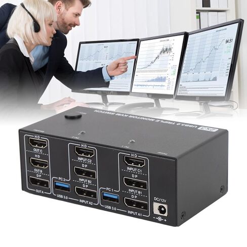 8K عند 60 هرتز HD KVM Switcher 2 كمبيوتر 3 شاشة مراقبة 4 منافذ USB 3.0، تحكم في 3 شاشات مع 4 أجهزة USB مع مجموعة واحدة من لوحة المفاتيح والماوس، نقل سريع للبيانات (قابس أمريكي) in Kuwait