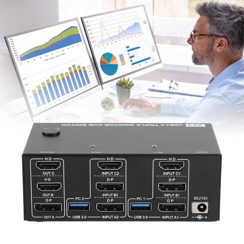 8K عند 60 هرتز HD KVM Switcher 2 كمبيوتر 3 شاشة مراقبة 4 منافذ USB 3.0، تحكم في 3 شاشات مع 4 أجهزة USB مع مجموعة واحدة من لوحة المفاتيح والماوس، نقل سريع للبيانات (قابس أمريكي) in Kuwait
