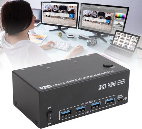 8K at 60Hz HD KVM Switcher, 3 Screen Control, 4 USB Ports, 1 Touch Switching, Plug and Reproduction (US Plug.) in Saudi Arabia