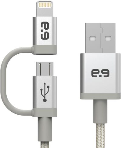 PureGear 2-in-1 Braided Charge-Sync Cable with Lightning to Micro USB Adapter - Metallic Silver 48" in Saudi Arabia