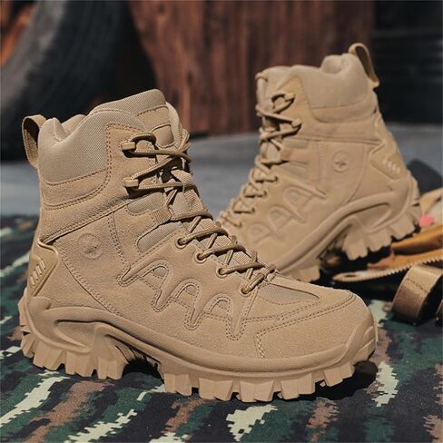Men's Suede Leather Lace Up Military Tactical Boots with Side Zipper Lightweight Comfortable Non Slip Waterproof Outdoor Hiking Boots for Camping Motorcycle Work Trekking Backpacking Trails in Saudi Arabia