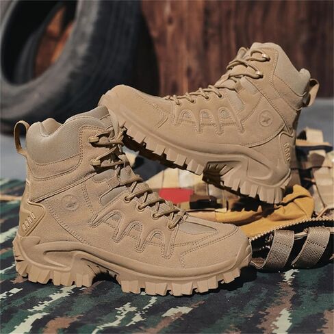 Men's Suede Leather Lace Up Military Tactical Boots with Side Zipper Lightweight Comfortable Non Slip Waterproof Outdoor Hiking Boots for Camping Motorcycle Work Trekking Backpacking Trails in Saudi Arabia