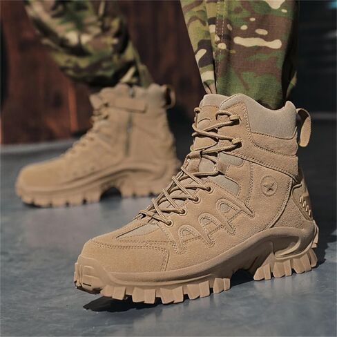 Men's Suede Leather Lace Up Military Tactical Boots with Side Zipper Lightweight Comfortable Non Slip Waterproof Outdoor Hiking Boots for Camping Motorcycle Work Trekking Backpacking Trails in Saudi Arabia