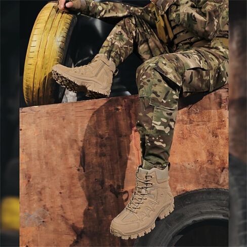 Men's Suede Leather Lace Up Military Tactical Boots with Side Zipper Lightweight Comfortable Non Slip Waterproof Outdoor Hiking Boots for Camping Motorcycle Work Trekking Backpacking Trails in Saudi Arabia