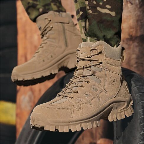 Men's Suede Leather Lace Up Military Tactical Boots with Side Zipper Lightweight Comfortable Non Slip Waterproof Outdoor Hiking Boots for Camping Motorcycle Work Trekking Backpacking Trails in Saudi Arabia