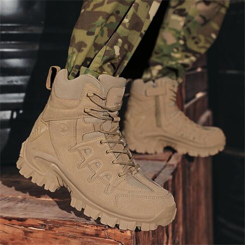 Men's Suede Leather Lace Up Military Tactical Boots with Side Zipper Lightweight Comfortable Non Slip Waterproof Outdoor Hiking Boots for Camping Motorcycle Work Trekking Backpacking Trails in Saudi Arabia