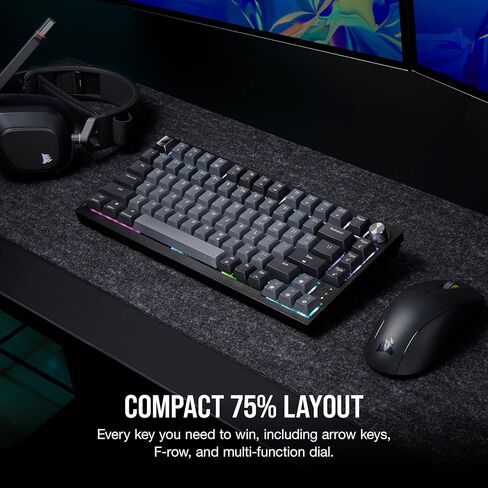 لوحة مفاتيح الألعاب الميكانيكية Corsair K65 Plus اللاسلكية بنسبة 75% RGB - مفاتيح خطية حمراء MLX مشحمة مسبقًا - أغطية مفاتيح PBT Dye-Sub - الكمبيوتر الشخصي، Mac، PS5، PS4، Xbox، iPad - QWERTY NA - أسود/رمادي (متجدد) in Saudi Arabia