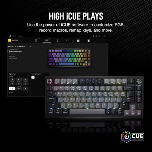 لوحة مفاتيح الألعاب الميكانيكية Corsair K65 Plus اللاسلكية بنسبة 75% RGB - مفاتيح خطية حمراء MLX مشحمة مسبقًا - أغطية مفاتيح PBT Dye-Sub - الكمبيوتر الشخصي، Mac، PS5، PS4، Xbox، iPad - QWERTY NA - أسود/رمادي (متجدد) in Saudi Arabia