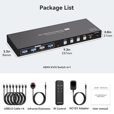 HDMI KVM Switch 1 شاشة 4 أجهزة كمبيوتر 4K 60 هرتز 2K 120 هرتز EDID KVM Switches 4 منافذ تدعم 4 قطع مشاركة شاشة واحدة وأربعة أجهزة USB مع كابلات 4xUSB A 3.0 وملحقات خارجية أخرى in Kuwait