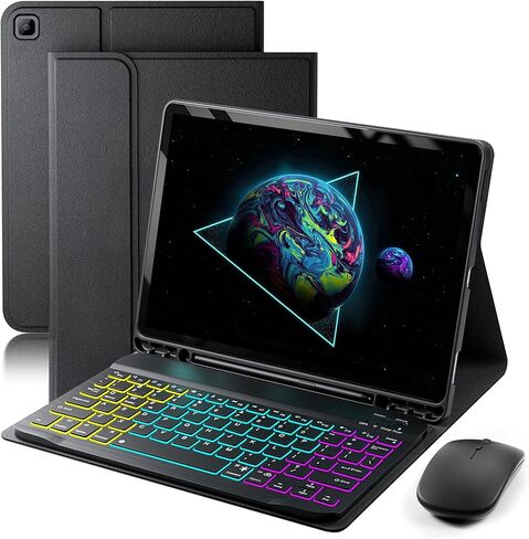 Keyboard Case for Samsung Galaxy Tab A7 10.4 inch 2020 Cover - 7 Color Rainbow Change Backlit Detachable Magnetic Keyboard with S Pen Holder with Mouse - Black in Kuwait