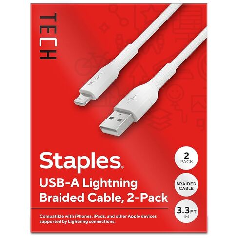 Staples TECH متوافق مع كابل شحن USB-A، 3.3 قدم، أبيض، 2/حزمة (ST62330) in Kuwait