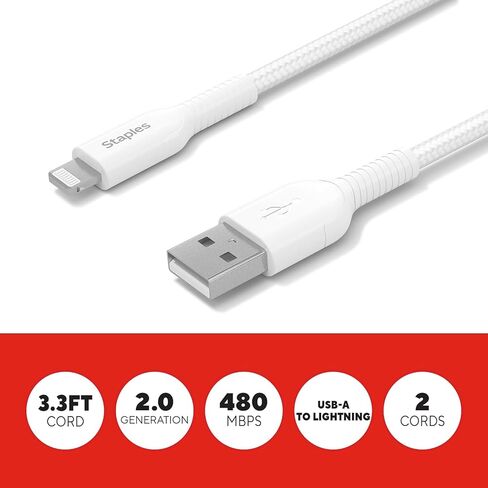 Staples TECH متوافق مع كابل شحن USB-A، 3.3 قدم، أبيض، 2/حزمة (ST62330) in Kuwait