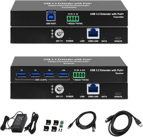 موسع USB 3.2 عبر Cat6a/7 100 متر/330 قدم، 4 منافذ USB 3.0، التوصيل والتشغيل، بدون محرك، يدعم جميع أنظمة التشغيل، امتداد RS232 FSYNC، طاقة محول واحد، لوحة مفاتيح وماوس عبر إيثرنت in Kuwait