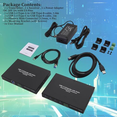 موسع USB 3.2 عبر Cat6a/7 100 متر/330 قدم، 4 منافذ USB 3.0، التوصيل والتشغيل، بدون محرك، يدعم جميع أنظمة التشغيل، امتداد RS232 FSYNC، طاقة محول واحد، لوحة مفاتيح وماوس عبر إيثرنت in Kuwait