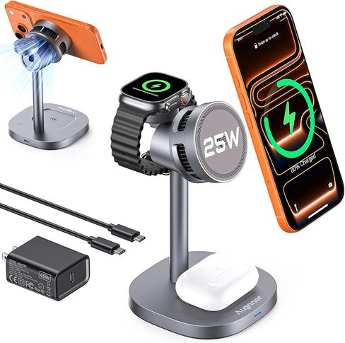 3 in 1 Wireless Charging Station, Qi2.2 25W Certified Fast Magnetic Charger, Mag-Safe Wireless Charger Stand with TEC Active Cooling, for iPhone17/16/15/14/13/12, Apple Watch/AirPods in Kuwait