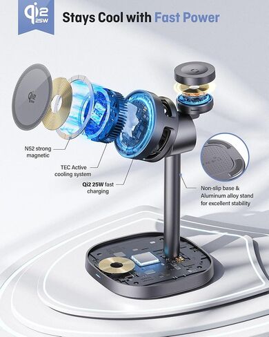 3 in 1 Wireless Charging Station, Qi2.2 25W Certified Fast Magnetic Charger, Mag-Safe Wireless Charger Stand with TEC Active Cooling, for iPhone17/16/15/14/13/12, Apple Watch/AirPods in Kuwait