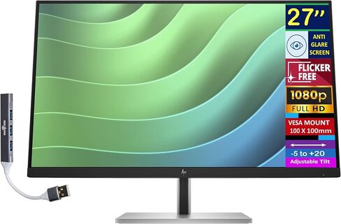 شاشة HP E27 G5 مقاس 27 بوصة FHD IPS مع وقت استجابة 5 مللي ثانية، مضادة للتوهج، خالية من الوميض، سطوع 300 شمعة في المتر المربع، حامل VESA (100 مم)، موسع منفذ HDMI وDockztorm USB، لون أسود/فضي (6N4E2AA#ABA) in Kuwait