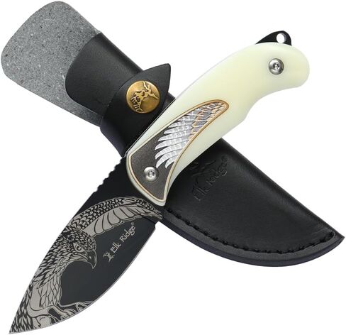 Elk Ridge Fixed Blade Hunting Knife, 7 Inch Overall Length, 3.3 Inch Drop Point Blade, Wood Handle, Leather Sheath, Surivival, Camping (Tan) in Kuwait