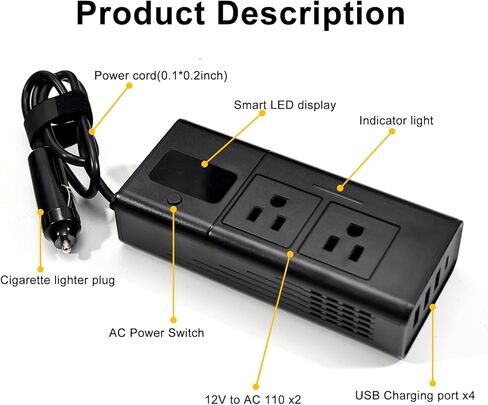 HANSSHOW 200W Power Inverter for Model Y/Y Juniper & Model 3/3 Highland DC 12V to 110V with 4 USB Ports Car Outlet Adapter AC Cigarette Lighter Plug with LED Display in Kuwait