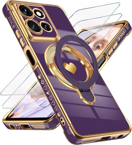 حافظة هاتف Motorola Moto G 2026 Love Heart Kickstand مع واقي شاشة: حافة ذهبية فاخرة مطلية بطبقة رقيقة وناعمة من مادة TPU غطاء حماية كامل مقاوم للصدمات لهاتف Moto G Play 2026 (وردي) in Kuwait