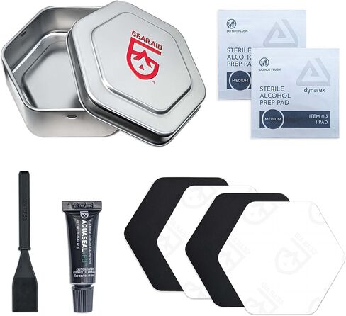 طقم إصلاح النهر والبحر من GEAR AID Aquaseal FD - لاصق مقاوم للماء بوزن 0.25 أونصة مع أربع رقع سداسية من الشريط العنيد (2.5 بوصة، أسود وشفاف) لإصلاح الثقوب في الخواض، والأحذية طويلة الرقبة، والمواد القابلة للنفخ، والمعدات الخارجية in Saudi Arabia