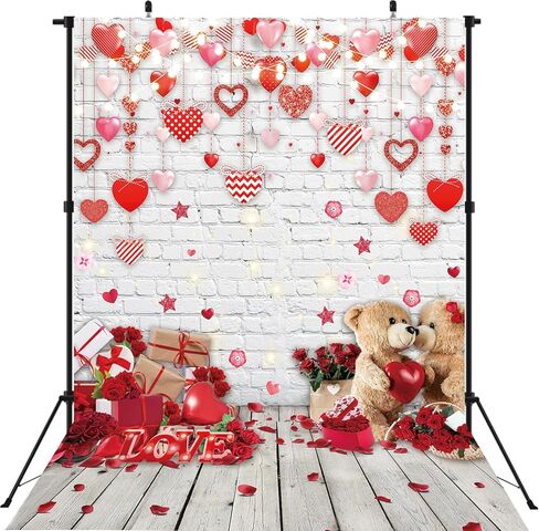 Happy Valentine's Day Backdrop 5x7FT White Brick Wall Red Love Sweet Heart Background for Wedding Baby Bridal Shower Anniversary Birthday Galentine's Day Party Decoration Banner (59x82 inch (5x7FT)) in Saudi Arabia