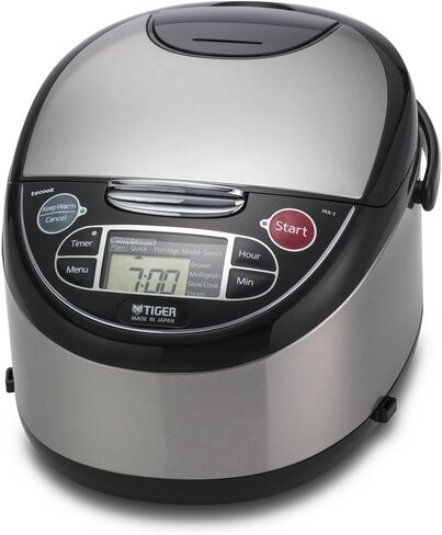 جهاز طهي الأرز ميكوم من تايجر JAX-T10U-K سعة 5.5 كوب (غير مطبوخ) مع جهاز طهي بالبخار وطباخ بطيء، من الفولاذ المقاوم للصدأ باللون الأسود in Kuwait