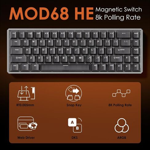 لوحة مفاتيح ألعاب من الألومنيوم Akko MOD68 8k Rapid Trigger لامعة من خلال لوحة مفاتيح سلكية HE سلكية شفافة باللون الأسود، مفتاح AstroAim in Kuwait