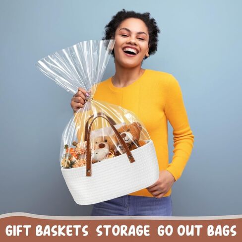 Valentine's Day Empty Woven Gift Basket with PU Leather Handle and Bag 12" x 8" x 5"Cotton Rope Basket Organizer for Pet Toy Storage Baby Shower Birthday Party Wrapping Gift(12*8*5 Inch) in Saudi Arabia