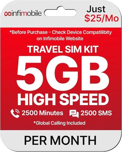 $15/Month | Infimobile Prepaid Plan: 12 Months| 5GB High-Speed Data Per Month | 2500 Minutes and 2500 Text| Prepaid Plan Service SIM Card | Nationwide Coverage | 4G, 5G V-Network in Saudi Arabia