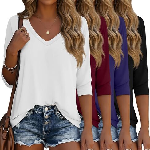 Ficerd 4 Pack Women's 3/4 Sleeve T Shirts ، V الرقبة غير الرسمية قمم تونك فضفاضة قمصان القطن الصلبة المحملات الصيفية in Saudi Arabia