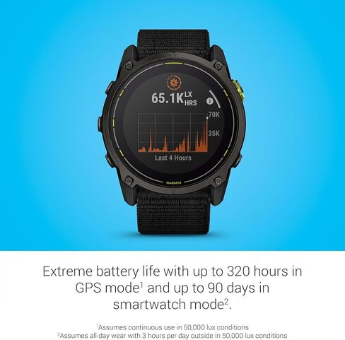ساعة Garmin Enduro 3 GPS الذكية 51 مم من الياقوت الشمسي، عمر بطارية فائق، رسم الخرائط، مصباح يدوي LED مدمج، تيتانيوم DLC رمادي كربوني، حزام نايلون أسود UltraFit (متجدد) in Saudi Arabia