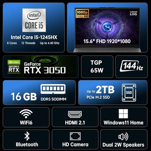 كمبيوتر محمول للألعاب Lenovo LOQ Essential، شاشة 15.6 بوصة FHD 144 هرتز، Intel Core i5-12450HX، GeForce RTX 3050، ذاكرة وصول عشوائي DDR5 سعة 16 جيجابايت، SSD 512 جيجابايت، مساعد AI، Wi-Fi 6، RJ-45، USB-C، HDMI، مع مكتب مدى الحياة، Win 11 Home in Kuwait