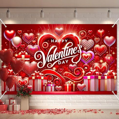 Valentine’s Day Banner 71x43 Inches Happy Valentine Backdrop Love Heart Balloon Background Romantic Party Decoration for Valentine Celebration Anniversary Proposal Photo Booth Decor in Saudi Arabia