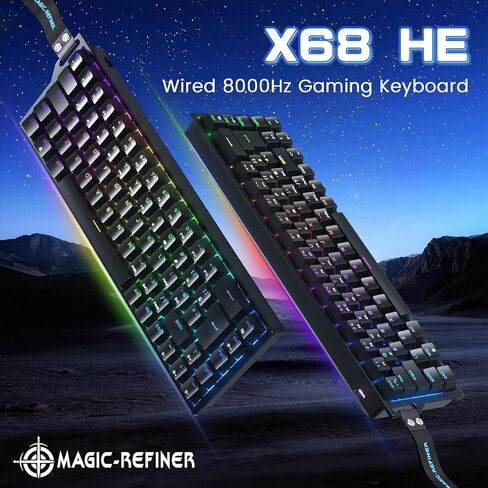 لوحة مفاتيح الألعاب MAGIC-REFINER X68 HE السلكية بنسبة 60% ذات تأثير القاعة الميكانيكية ذات الزناد السريع RGB مع استقصاء 8K، ودقة RT 0.04 مم، ومفتاح مغناطيسي، وتشغيل قابل للتعديل، وصنبور سريع لأجهزة الكمبيوتر Mac Esport Gamer (أسود) in Kuwait