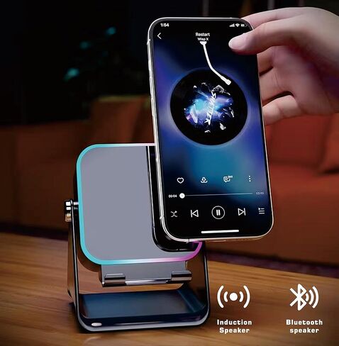 مكبر صوت حثي، حامل مكبر صوت لاسلكي مبتكر للهاتف الخلوي مع قاعدة مكبر صوت بلوتوث لهاتف iPhone/Samsung/iPad (أسود، مربع) in Kuwait