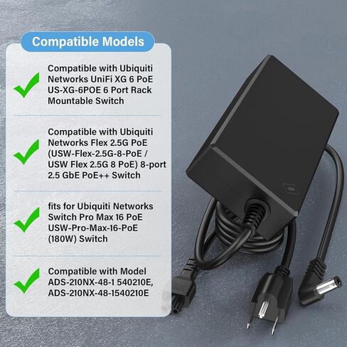 محول تيار متردد 54 فولت متوافق مع شبكات Ubiquiti UniFi XG 6 PoE US-XG-6POE USW-Ultra-210W 6 8 منافذ، سلك طاقة الشاحن مناسب للطراز ADS-210NX-48-1 540210E ADS-210NX-48-1540210E 54VDC 3.9A in Saudi Arabia