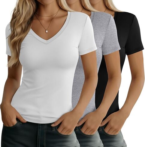 Huukeay 3 Pack Women's Deep V Neck Shirts, Cotton Short Sleeves Slim Fitted Top Going Out Summer Tight T-Shirt Tee in Saudi Arabia
