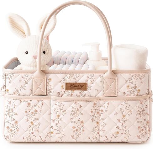 Konssy Floral Quilted Diaper Caddy Organizer, Diaper Caddy Basket with Vegan Leather Handles, Portable Nursery Storage Basket, Water-Repellent Car Organizer, Registry Search Must Haves (Floral) in Saudi Arabia