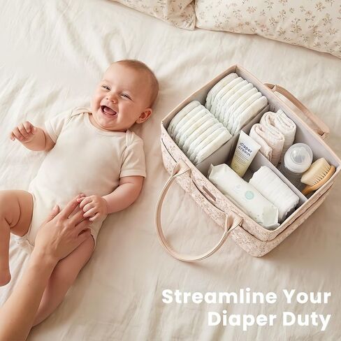 Konssy Floral Quilted Diaper Caddy Organizer, Diaper Caddy Basket with Vegan Leather Handles, Portable Nursery Storage Basket, Water-Repellent Car Organizer, Registry Search Must Haves (Floral) in Saudi Arabia