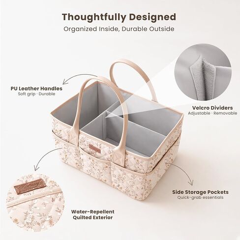 Konssy Floral Quilted Diaper Caddy Organizer, Diaper Caddy Basket with Vegan Leather Handles, Portable Nursery Storage Basket, Water-Repellent Car Organizer, Registry Search Must Haves (Floral) in Saudi Arabia