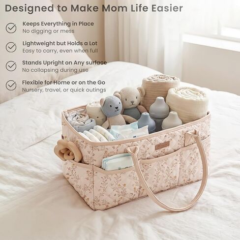 Konssy Floral Quilted Diaper Caddy Organizer, Diaper Caddy Basket with Vegan Leather Handles, Portable Nursery Storage Basket, Water-Repellent Car Organizer, Registry Search Must Haves (Floral) in Saudi Arabia