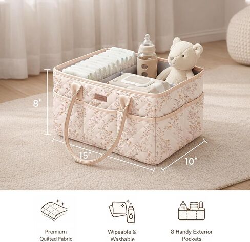 Konssy Floral Quilted Diaper Caddy Organizer, Diaper Caddy Basket with Vegan Leather Handles, Portable Nursery Storage Basket, Water-Repellent Car Organizer, Registry Search Must Haves (Floral) in Saudi Arabia