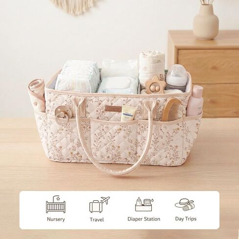 Konssy Floral Quilted Diaper Caddy Organizer, Diaper Caddy Basket with Vegan Leather Handles, Portable Nursery Storage Basket, Water-Repellent Car Organizer, Registry Search Must Haves (Floral) in Saudi Arabia