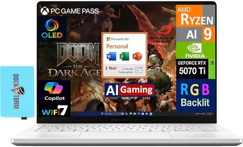 ASUS ROG Zephyrus AI Gaming Laptop 14.0" 120Hz OLED 2.8K Display (AMD Ryzen AI 9 HX 370, GeForce RTX 5070 Ti 12GB, 32GB LPDDR5X, Win 11 Pro) w/MS 365 Personal, DKZ USB Port Expander in Saudi Arabia